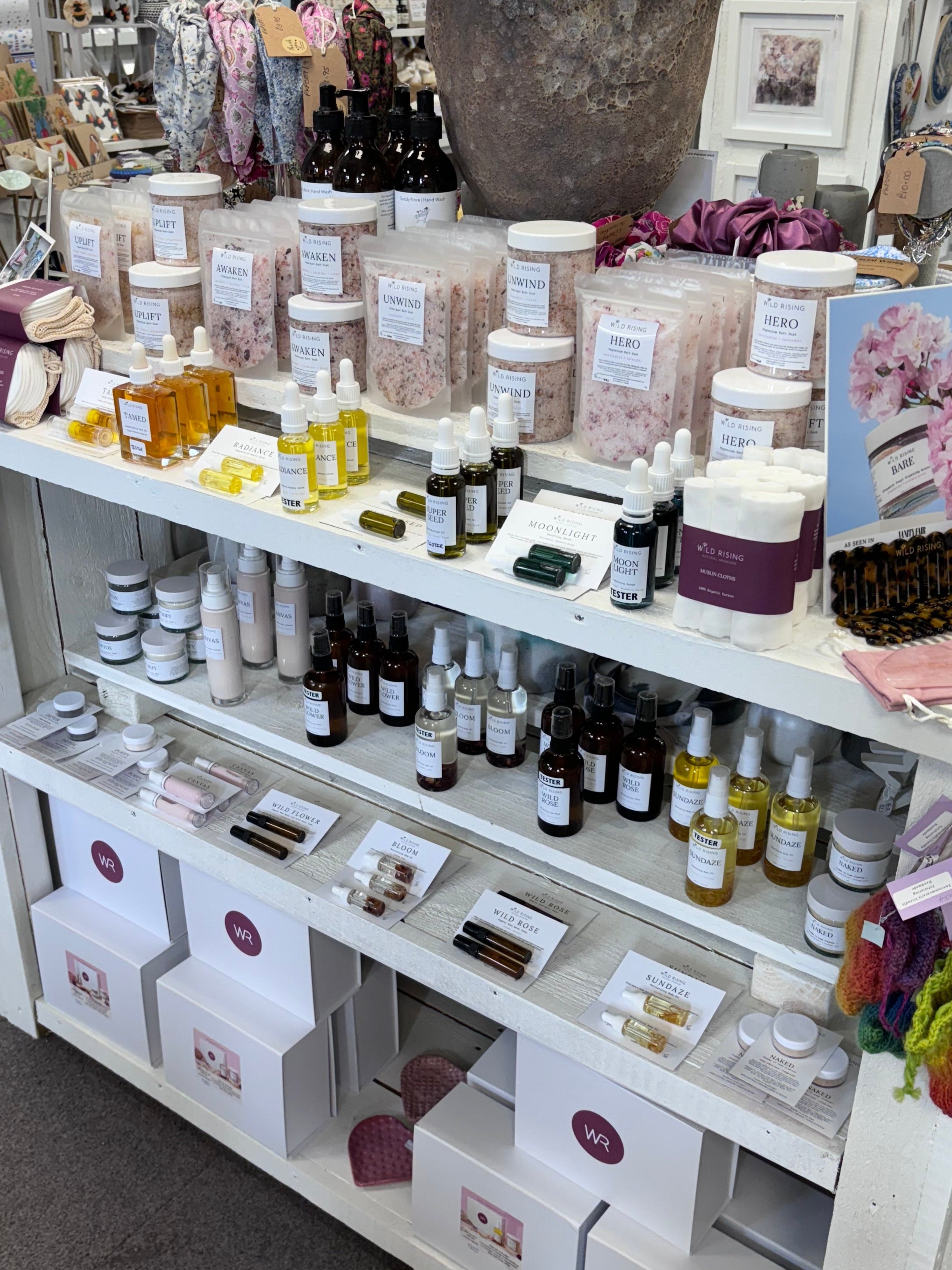 Display of natural skincare products in a shop