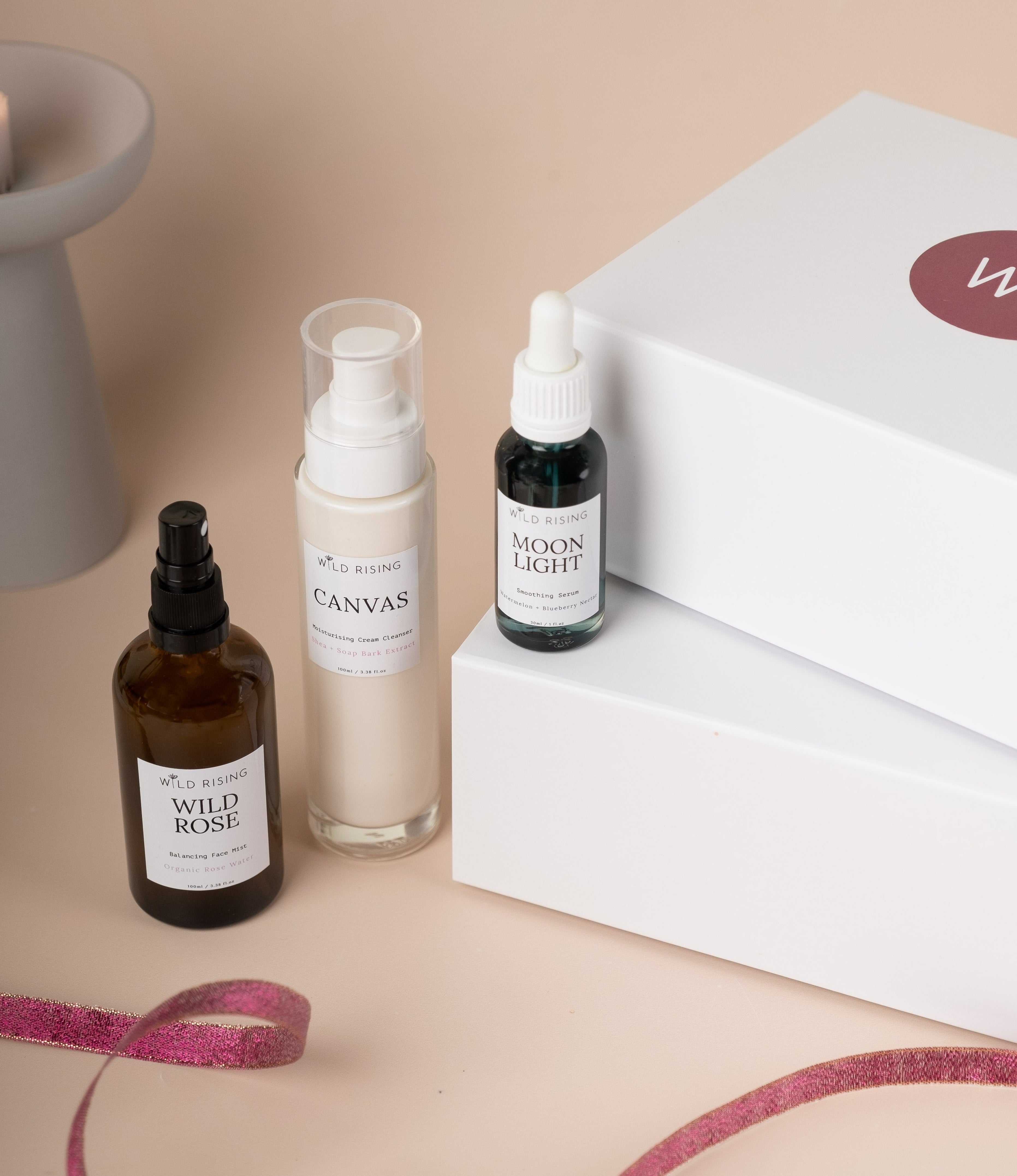 skincare lovers gift set canvas cream cleanser wild rose toner moonlight face oil christmas lifestyle