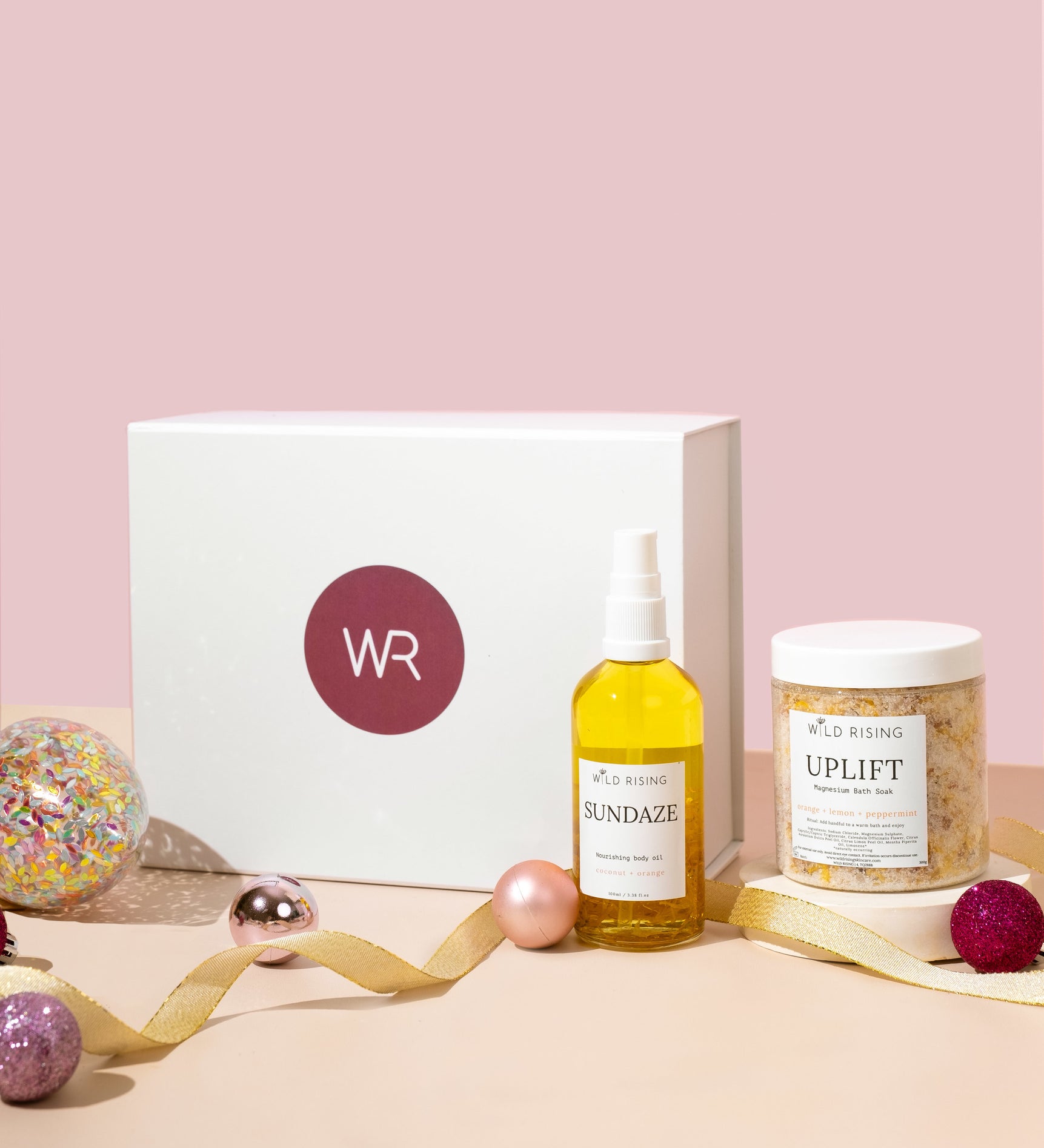 christmas gift box with bath salts and body oil
