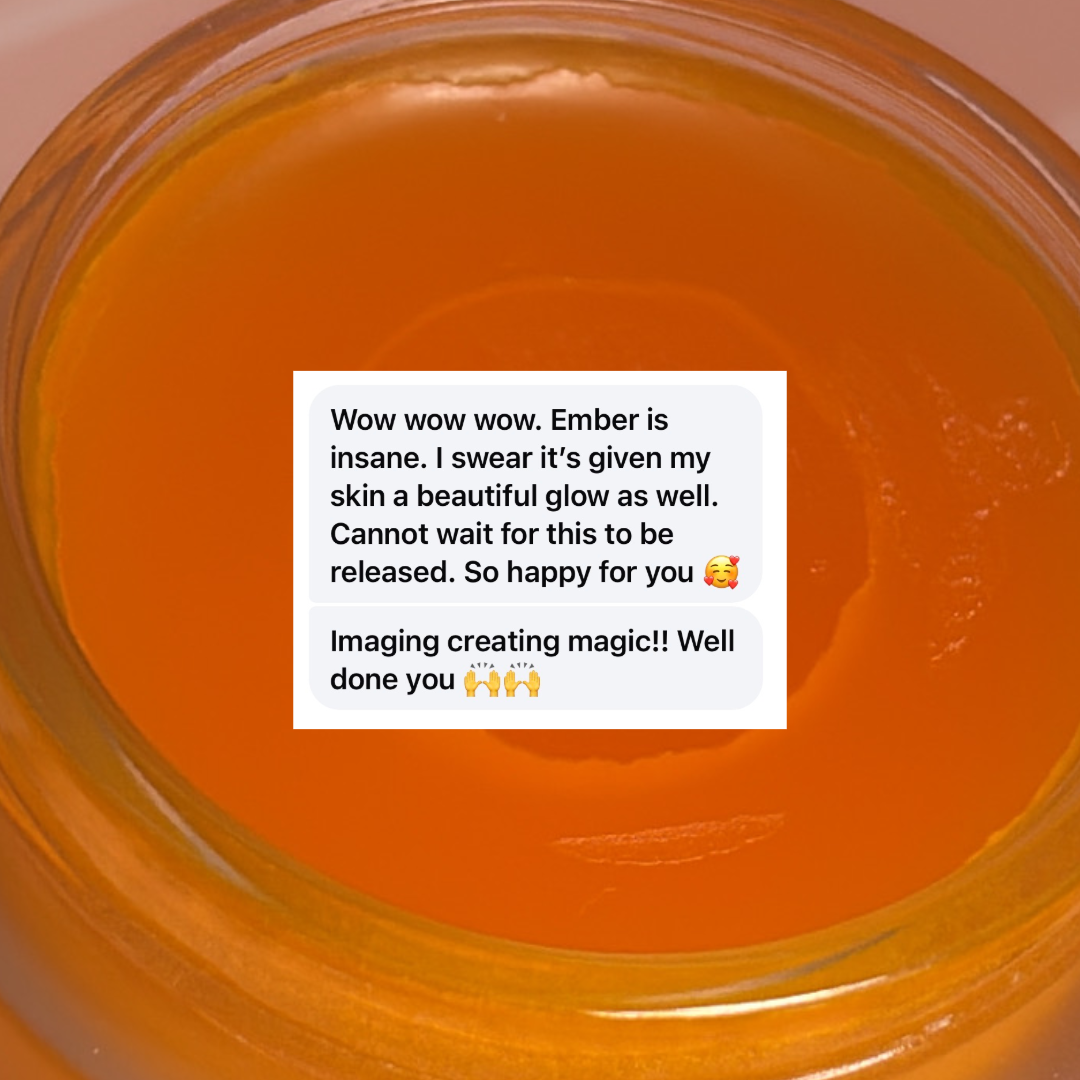 A close-up of a clear jar filled with bright amber-orange gel or honey, with a white text box overlaid in the center containing promotional copy.