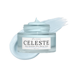 A clear cosmetic jar of Wild Rising Celeste Deep Moisture Anti-Aging Cream with a white label, shown with a pale icy blue cream smear behind it on a white background.