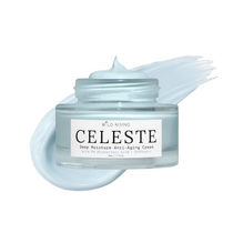 A clear cosmetic jar of Wild Rising Celeste Deep Moisture Anti-Aging Cream with a white label, shown with a pale icy blue cream smear behind it on a white background.