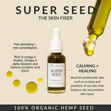 Bottle of Wild Rising Super Seed oil with dropper, text highlighting benefits on a beige background
