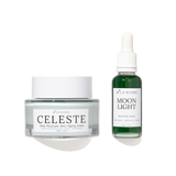 Two skincare products from Wild Rising on a white background: a Clear Jelly jar of Celeste Deep Moisture Anti-Aging Cream and a green bottle of Moon Light Smoothing Serum.