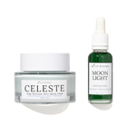 Two skincare products from Wild Rising on a white background: a Clear Jelly jar of Celeste Deep Moisture Anti-Aging Cream and a green bottle of Moon Light Smoothing Serum.