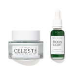 Two skincare products from Wild Rising on a white background: a Clear Jelly jar of Celeste Deep Moisture Anti-Aging Cream and a green bottle of Moon Light Smoothing Serum.