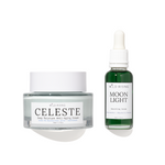 Two skincare products from Wild Rising on a white background: a Clear cream jar of Celeste Deep Moisture Anti-Aging Cream and a green bottle of Moon Light Smoothing Serum.