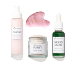 Four skincare products from Wild Rising arranged on a white background: a pale pink pump bottle labeled Canvas, a pink gua sha massage tool, a clear jar labeled Purify Botanical Face Mask, and a dark green dropper bottle labeled Moon Light Smoothing Serum