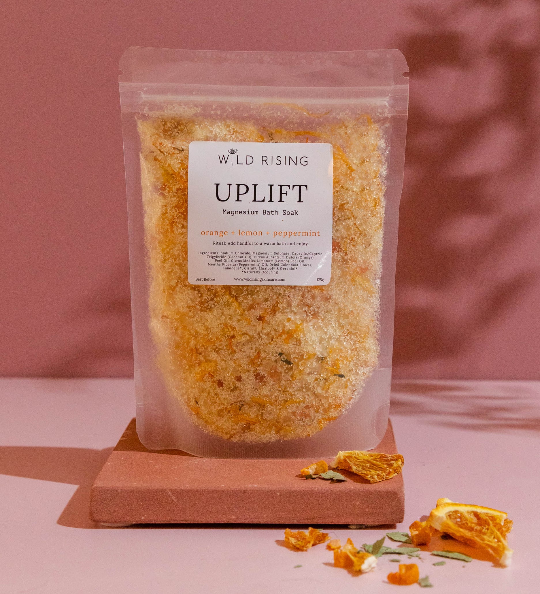 Bath salt soak orange, lemon and peppermint. Natural, Organic, Vegan, Cruelty-Free Skincare made in Devon.