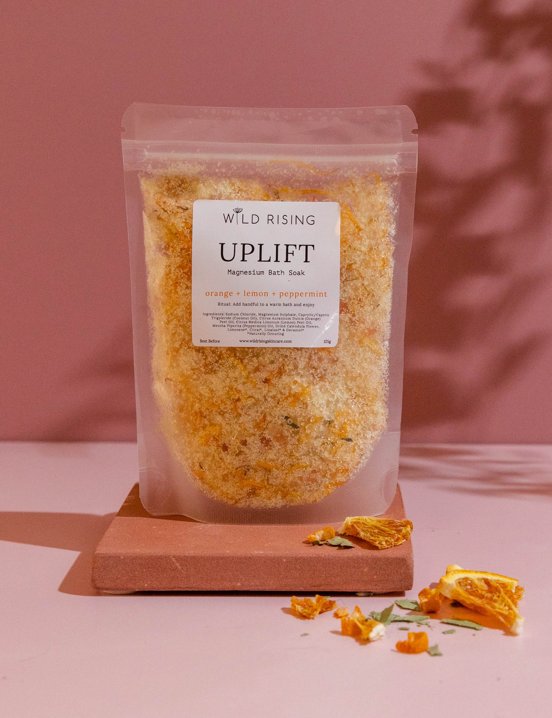 Bath salt soak orange, lemon and peppermint. Natural, Organic, Vegan, Cruelty-Free Skincare made in Devon.