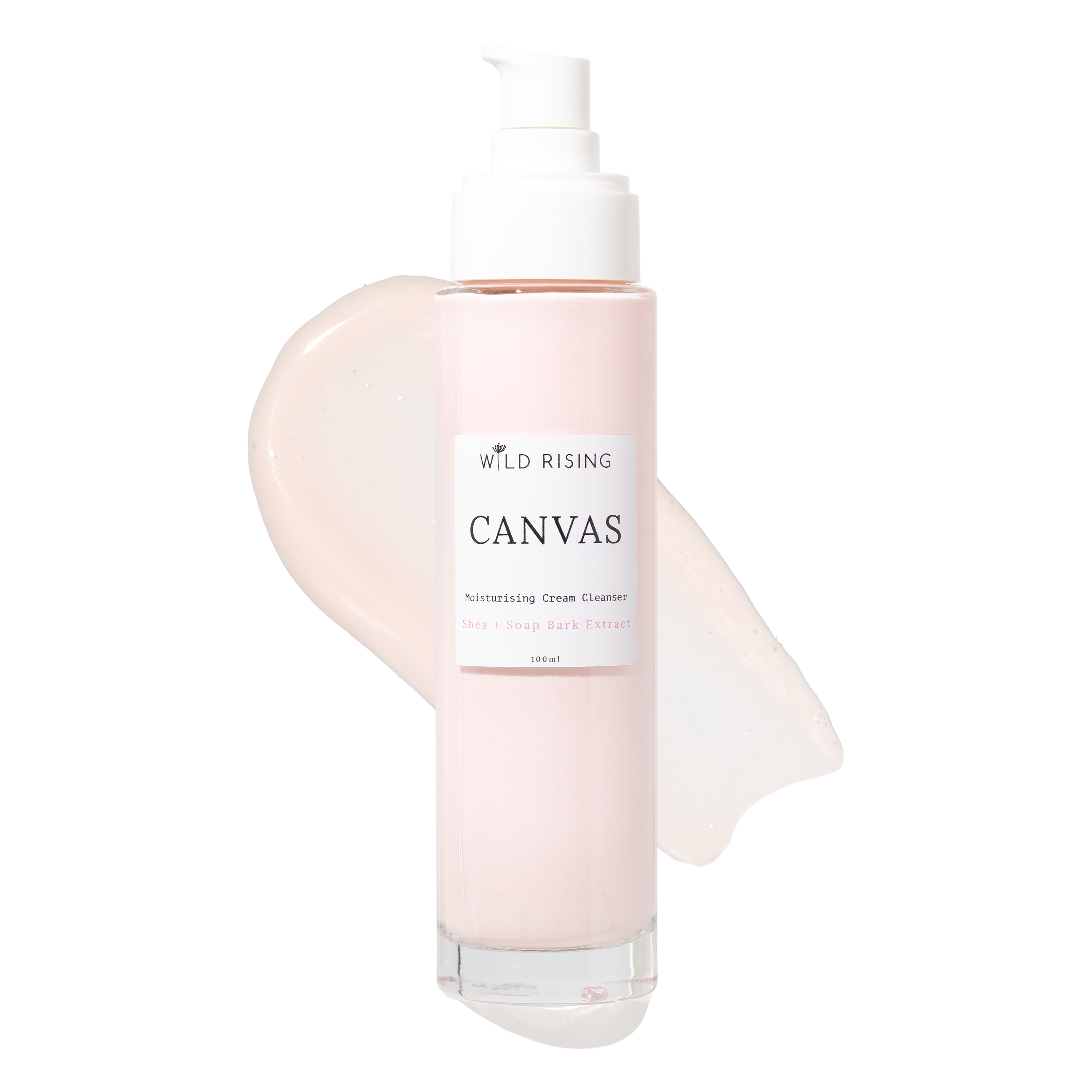 A bottle of Wild Rising Canvas Moisturizing Cream Cleanser with a white pump dispenser, set against a clean white background with a pale pink cream smear behind it.
