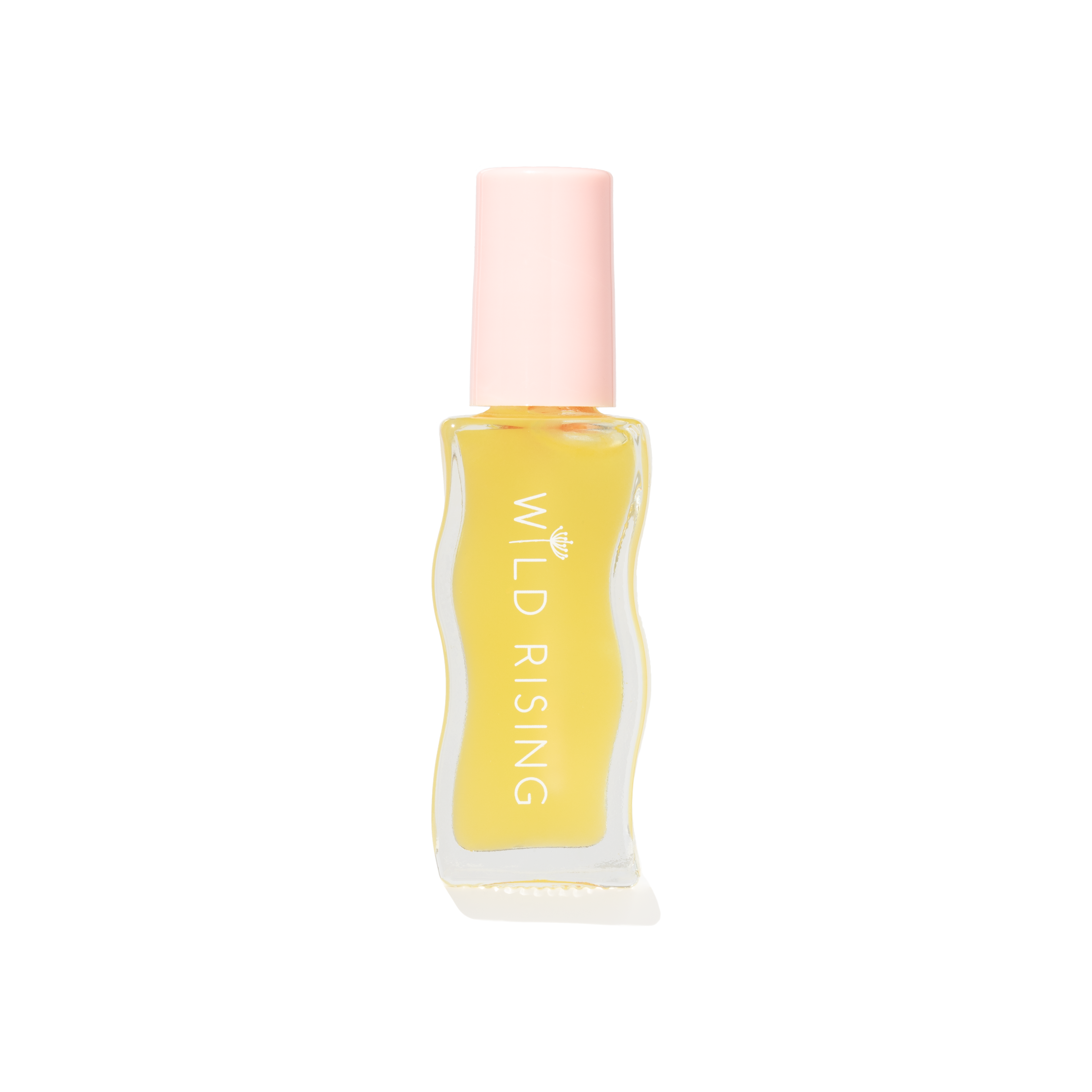 A small clear bottle filled with pale yellow liquid, featuring a light pink cap and vertical white text reading 'WILD RISING' on the front, centered on a plain white background.