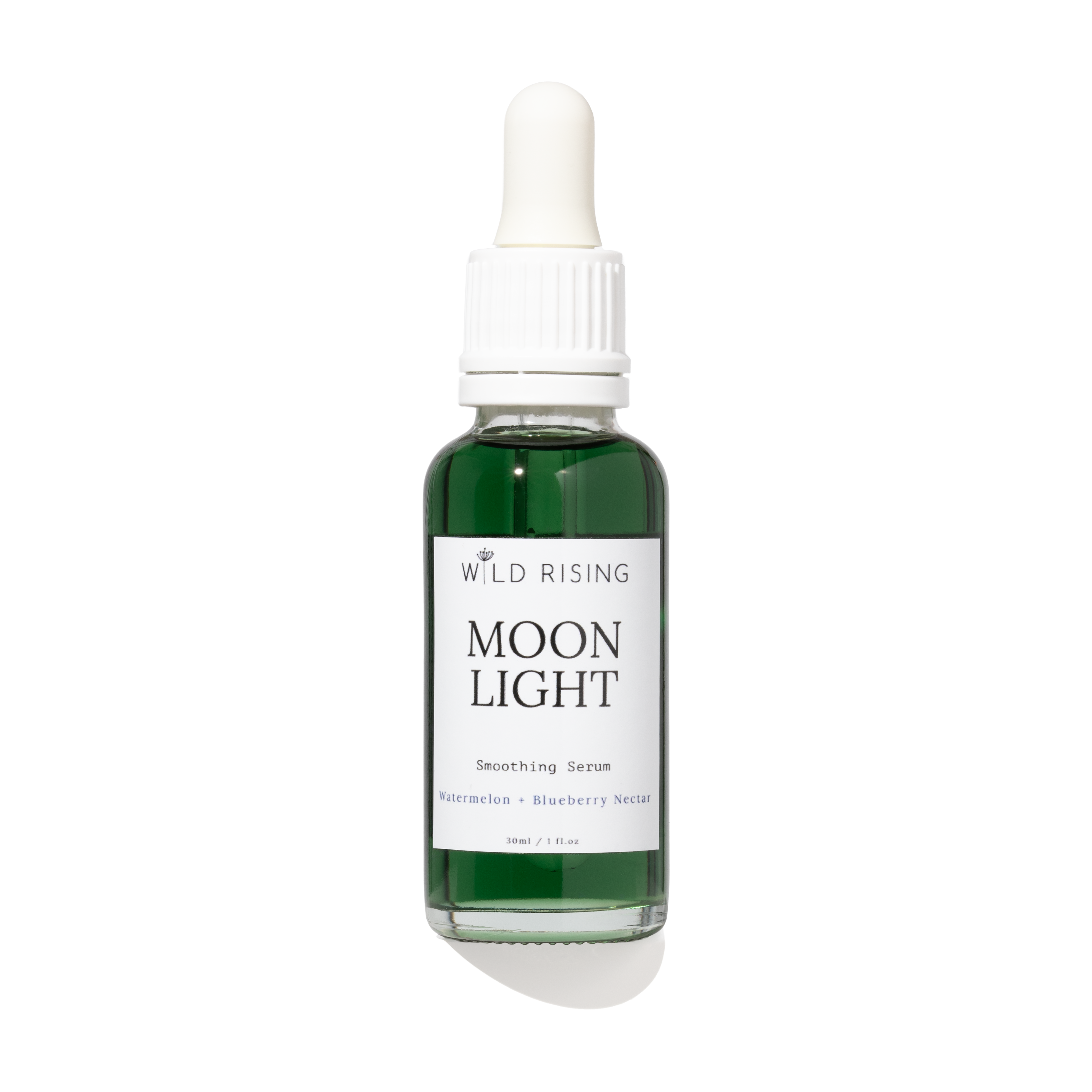 A bottle of Wild Rising Moon Light Smoothing Serum with a white dropper cap and a white label, containing a dark green liquid, set against a plain white background with a soft shadow.