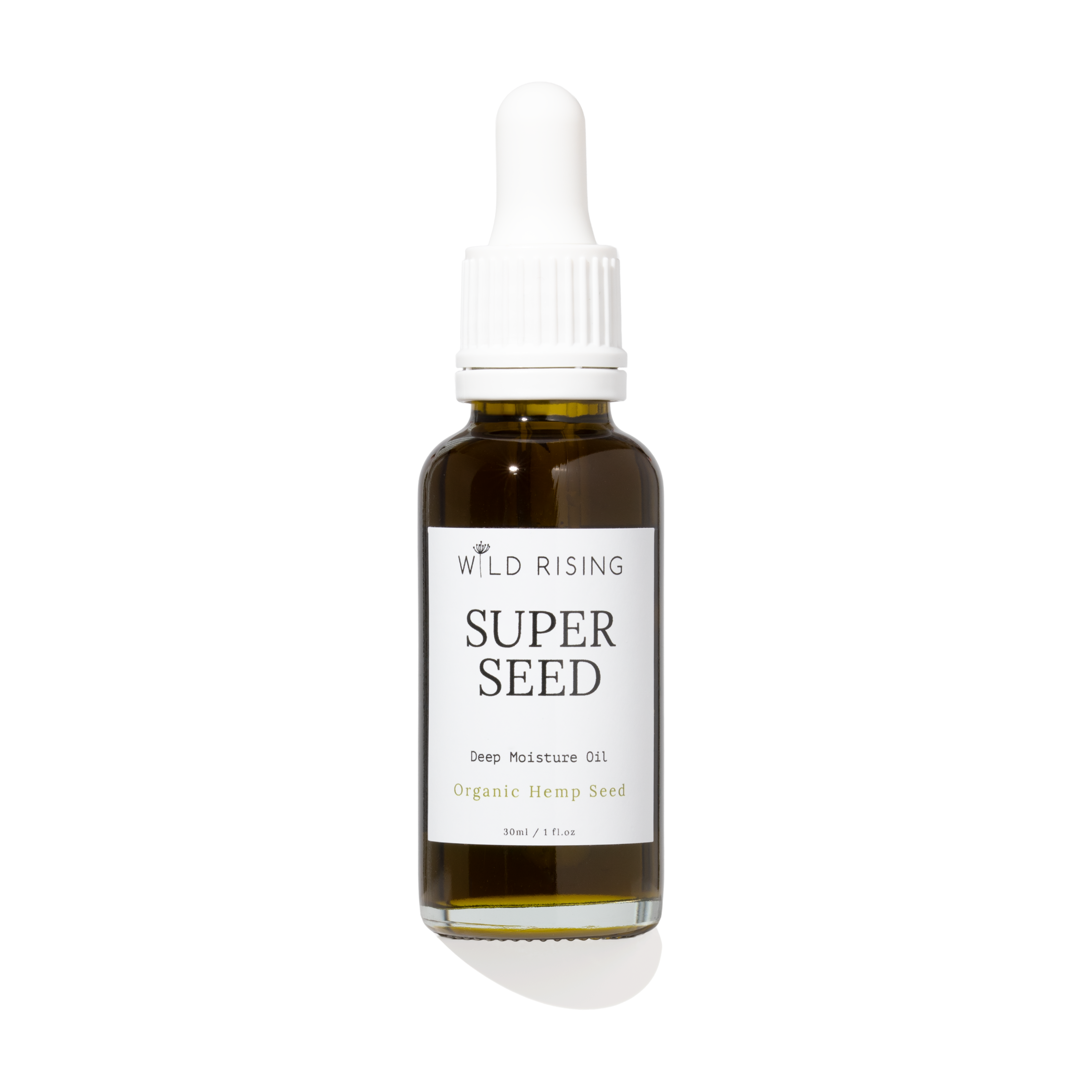 A 30ml glass dropper bottle of Wild Rising Super Seed Deep Moisture Oil, featuring an amber-colored bottle, a white dropper cap, and a white label with black text.
