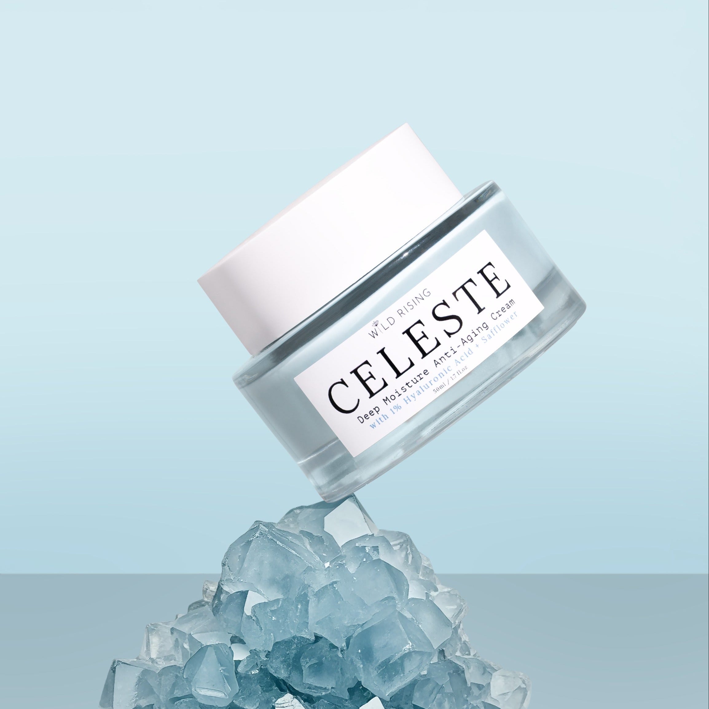 Celeste jar with blue crystals on a light blue background