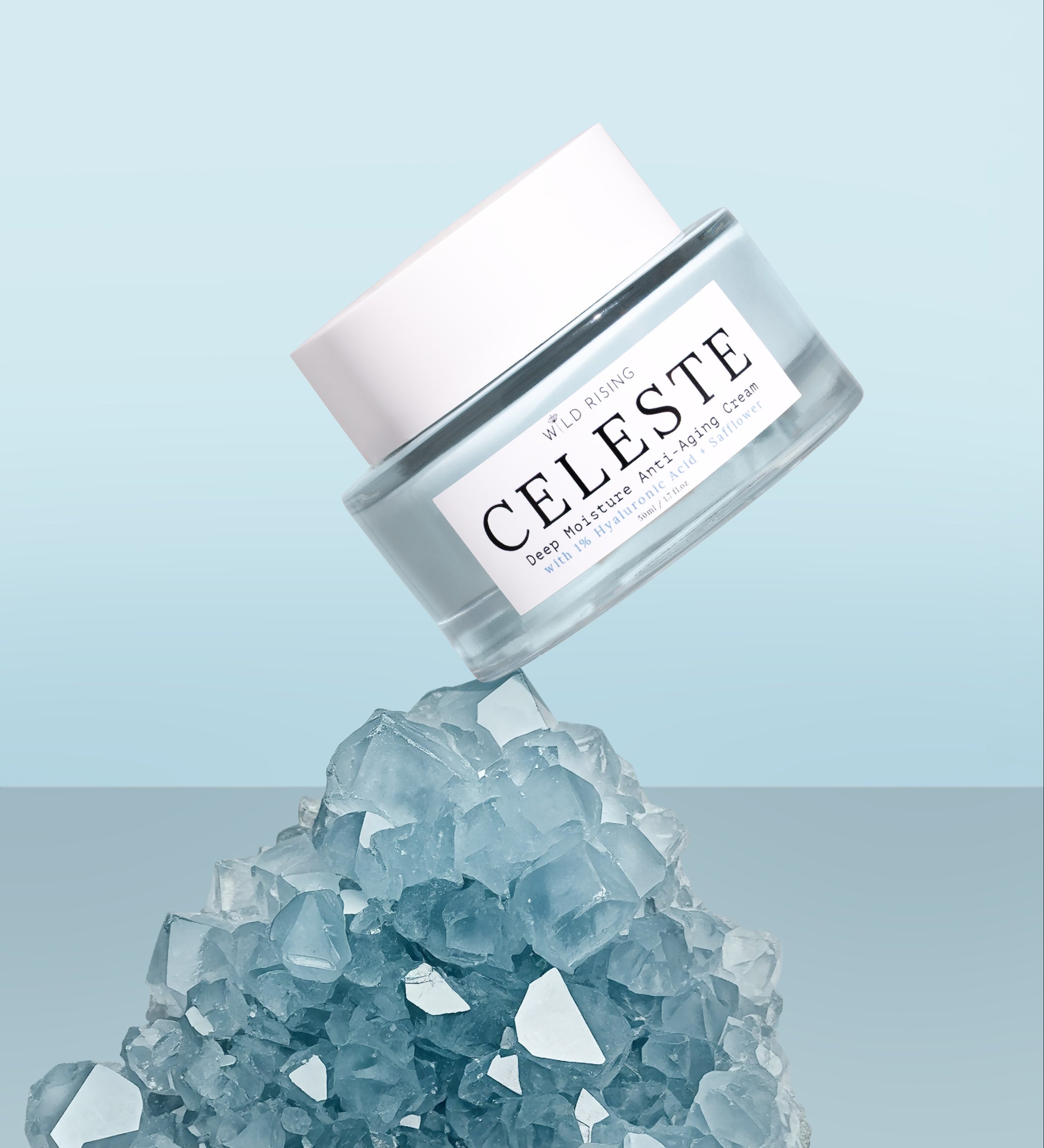 Celeste jar with blue crystals on a light blue background