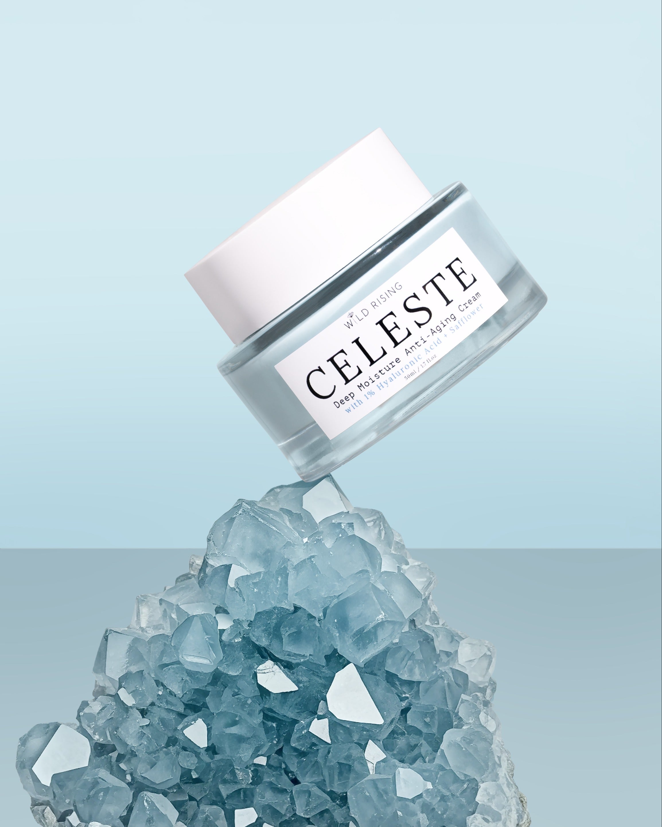 Celeste jar with blue crystals on a light blue background