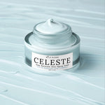 Celesste deep moisture anti-aging cream jar on a light blue textured background