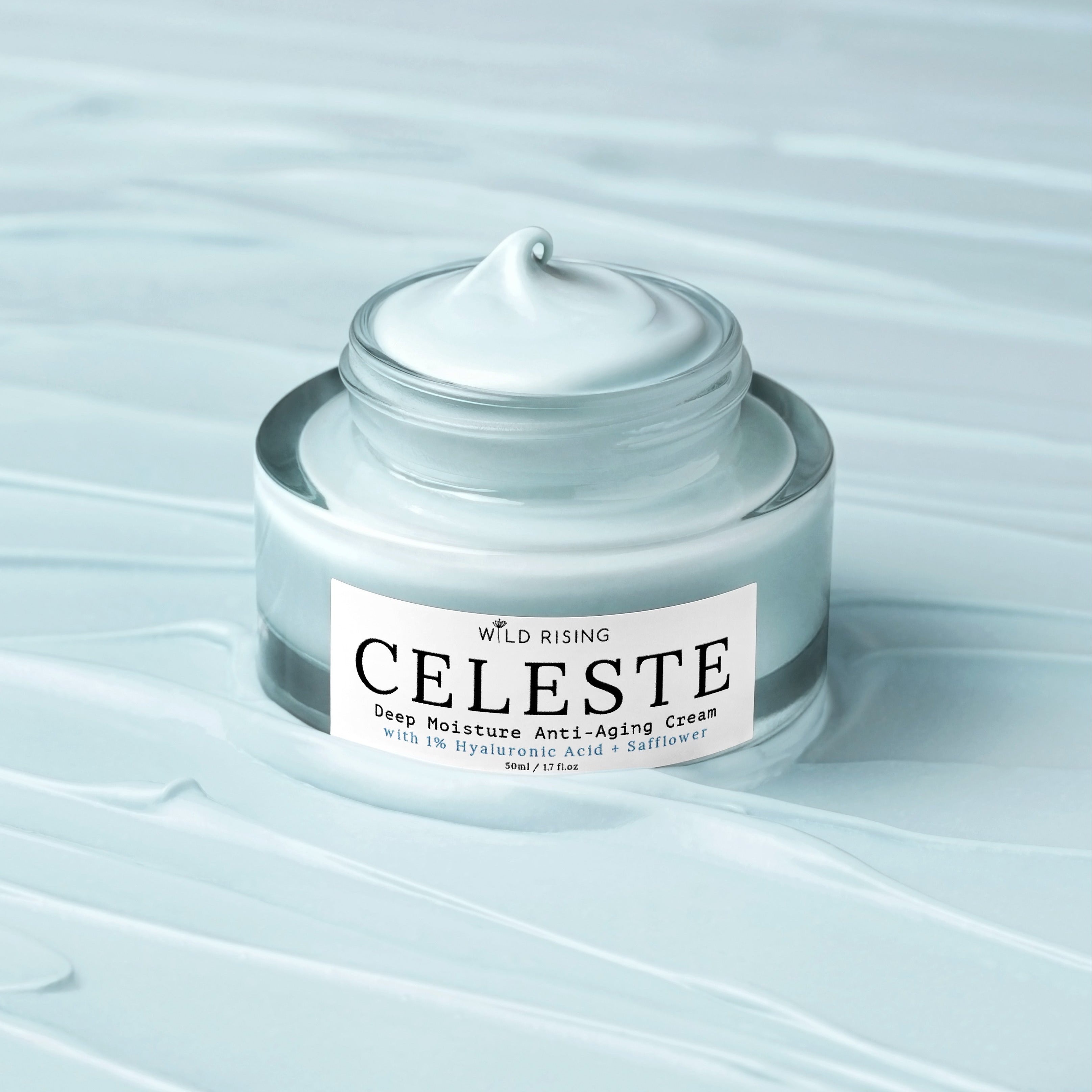 Celesste deep moisture anti-aging cream jar on a light blue textured background