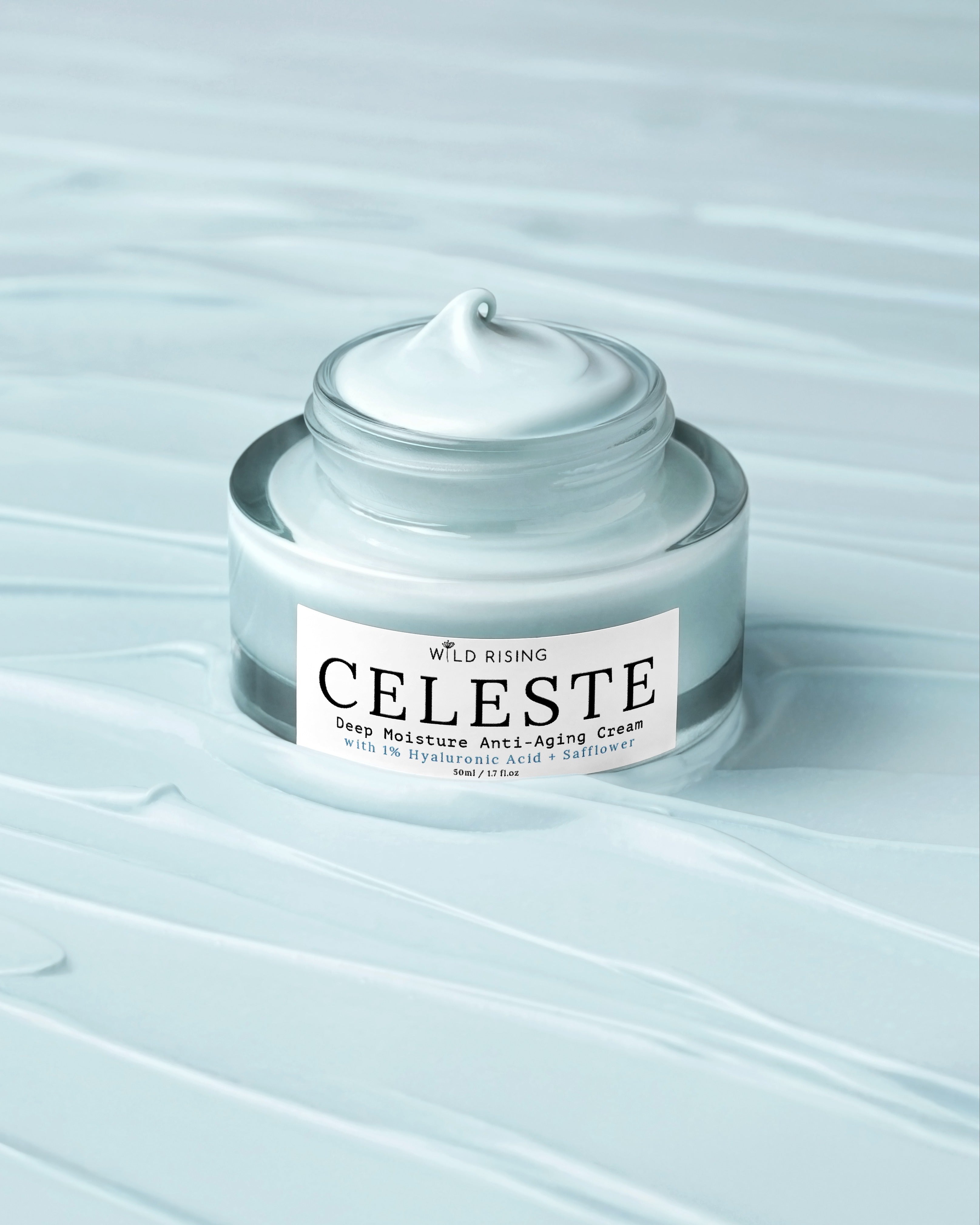 Celesste deep moisture anti-aging cream jar on a light blue textured background