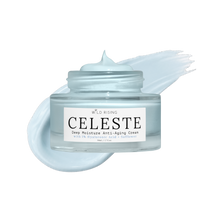 A clear cosmetic jar of Wild Rising Celeste Deep Moisture Anti-Aging Cream with a white label, shown with a pale icy blue cream smear behind it on a white background.
