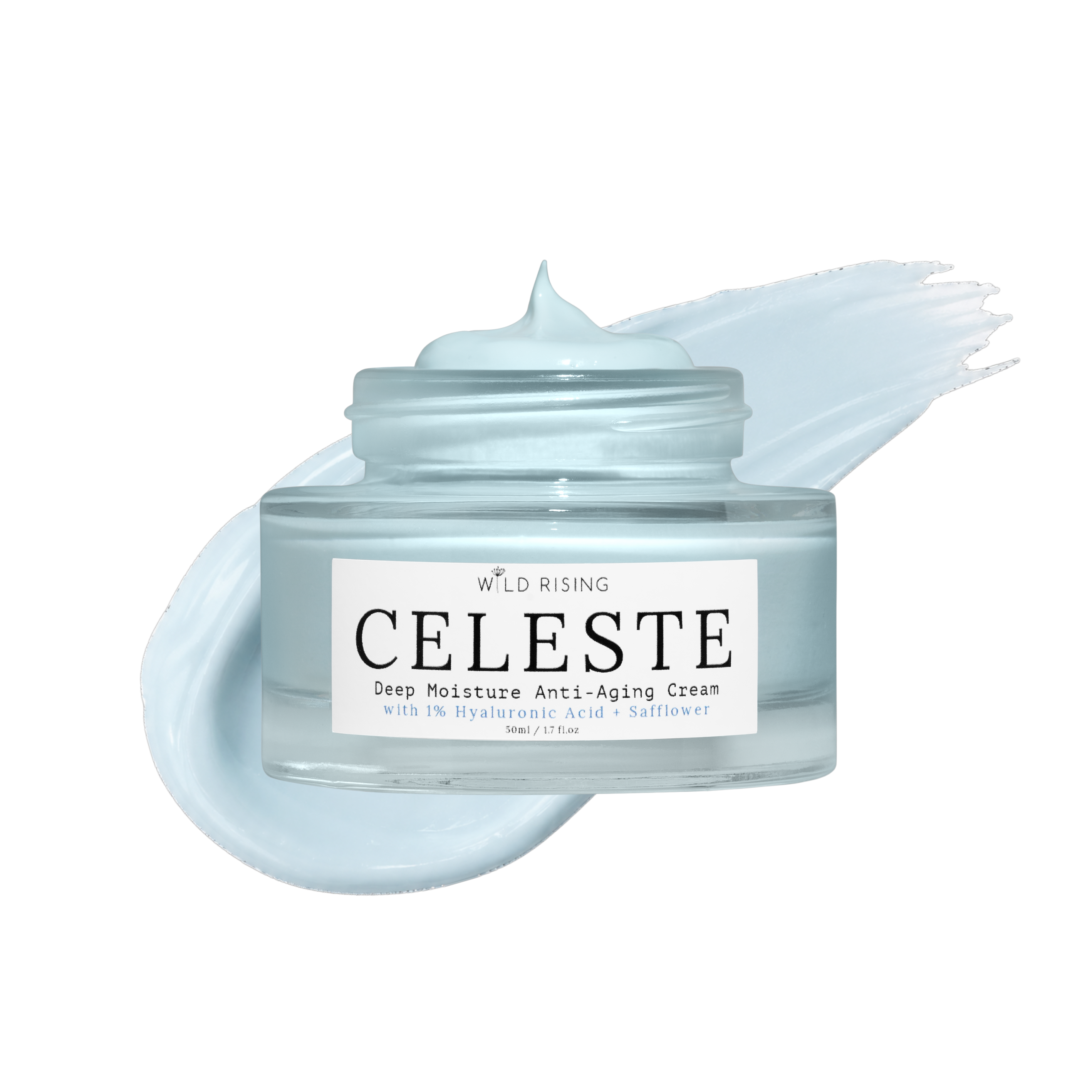 A clear cosmetic jar of Wild Rising Celeste Deep Moisture Anti-Aging Cream with a white label, shown with a pale icy blue cream smear behind it on a white background.