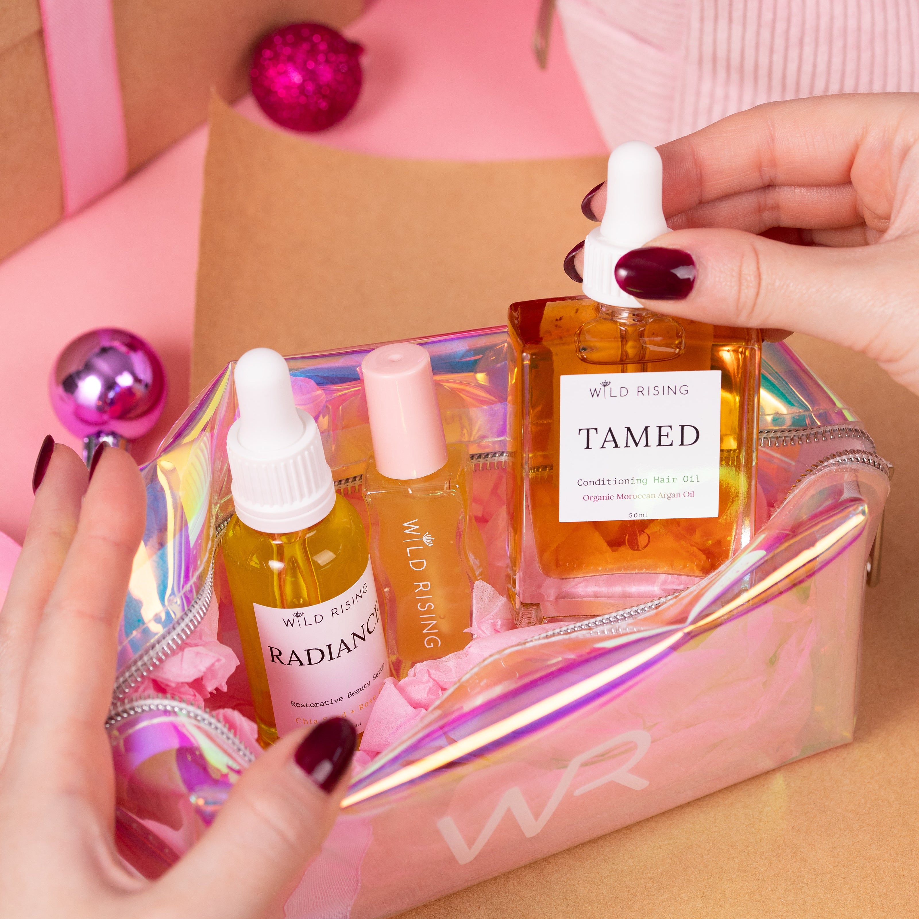 christmas beauty gift set with holographic cosmetic bag