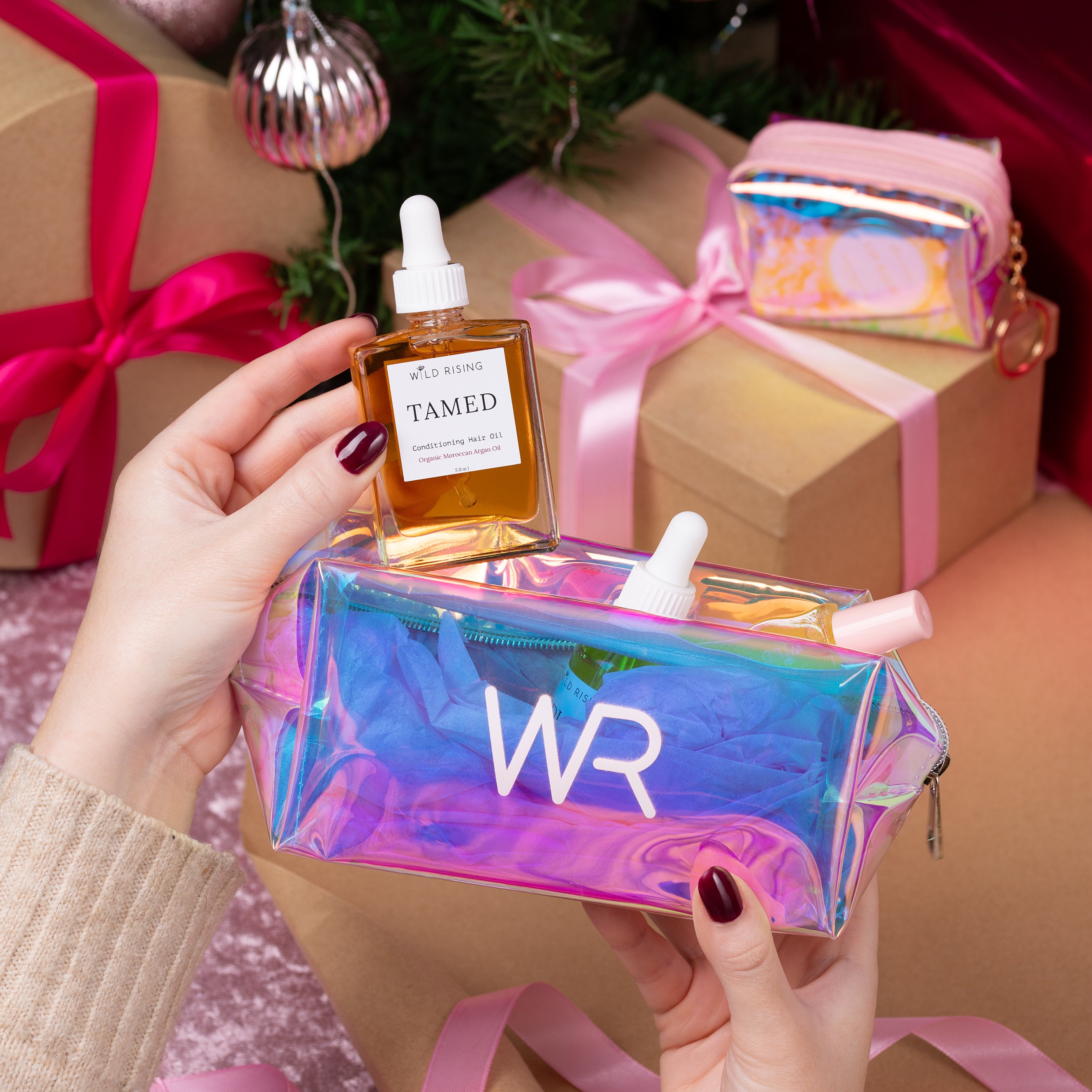 christmas beauty gift set with holographic bag
