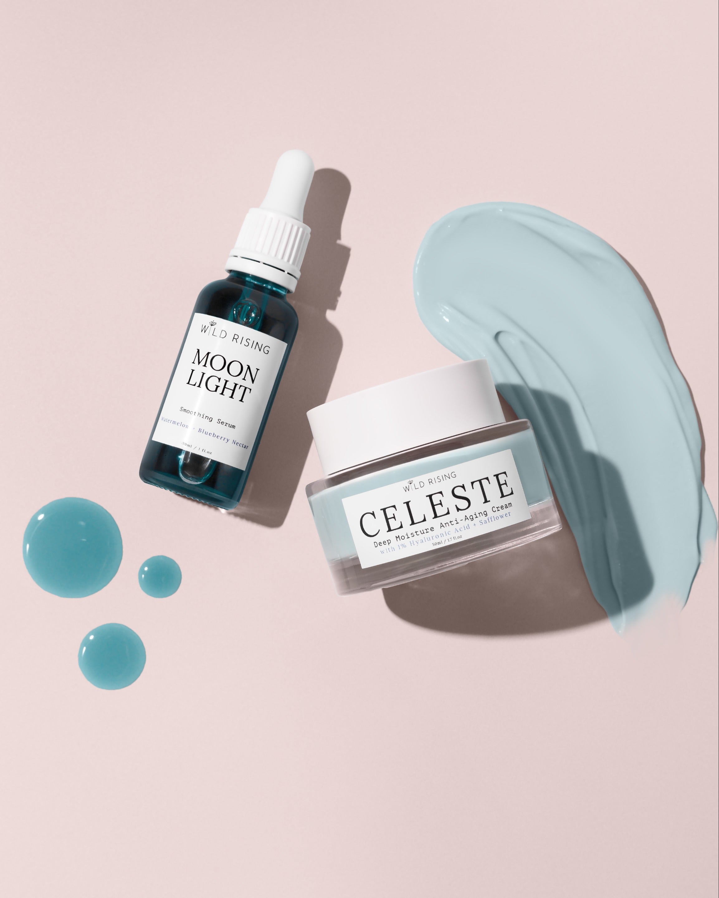 flat lay of a blue cream moisturiser and a blue tansy face oil