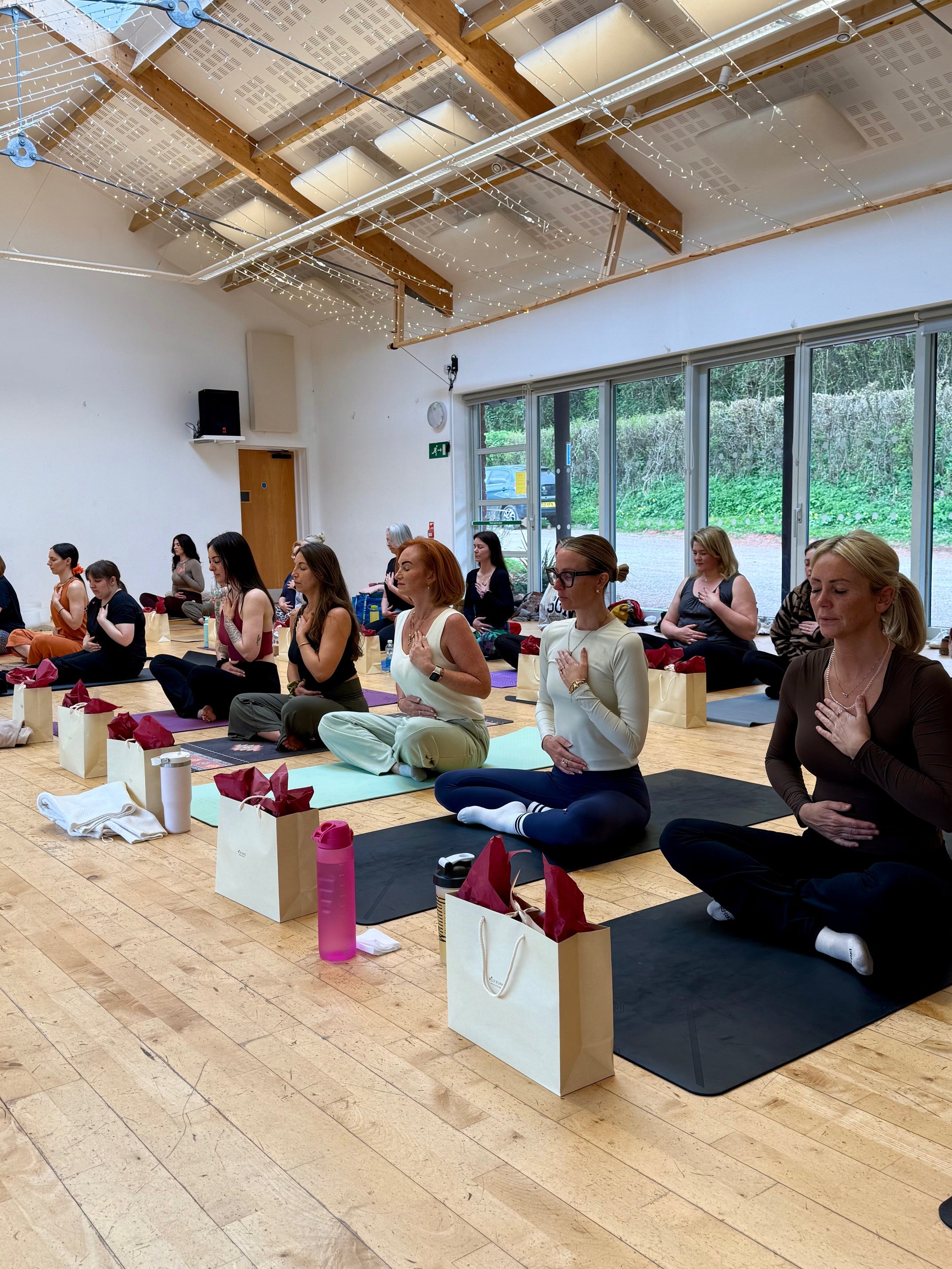Group of people practicing yoga in a studio with large windows.