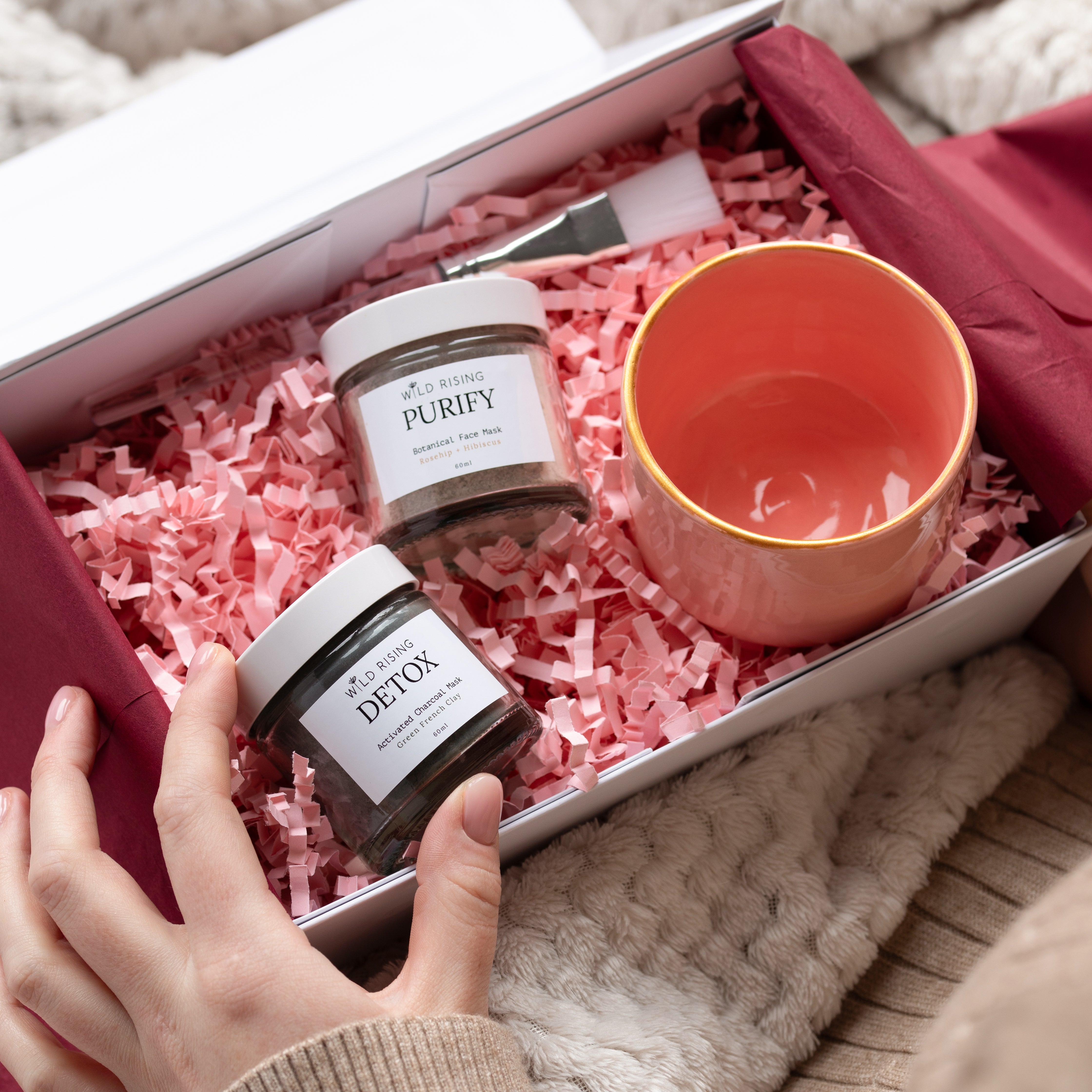 gift box with pink bowl and two clay masks