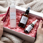 skincare gift box with three products set in a white gift box