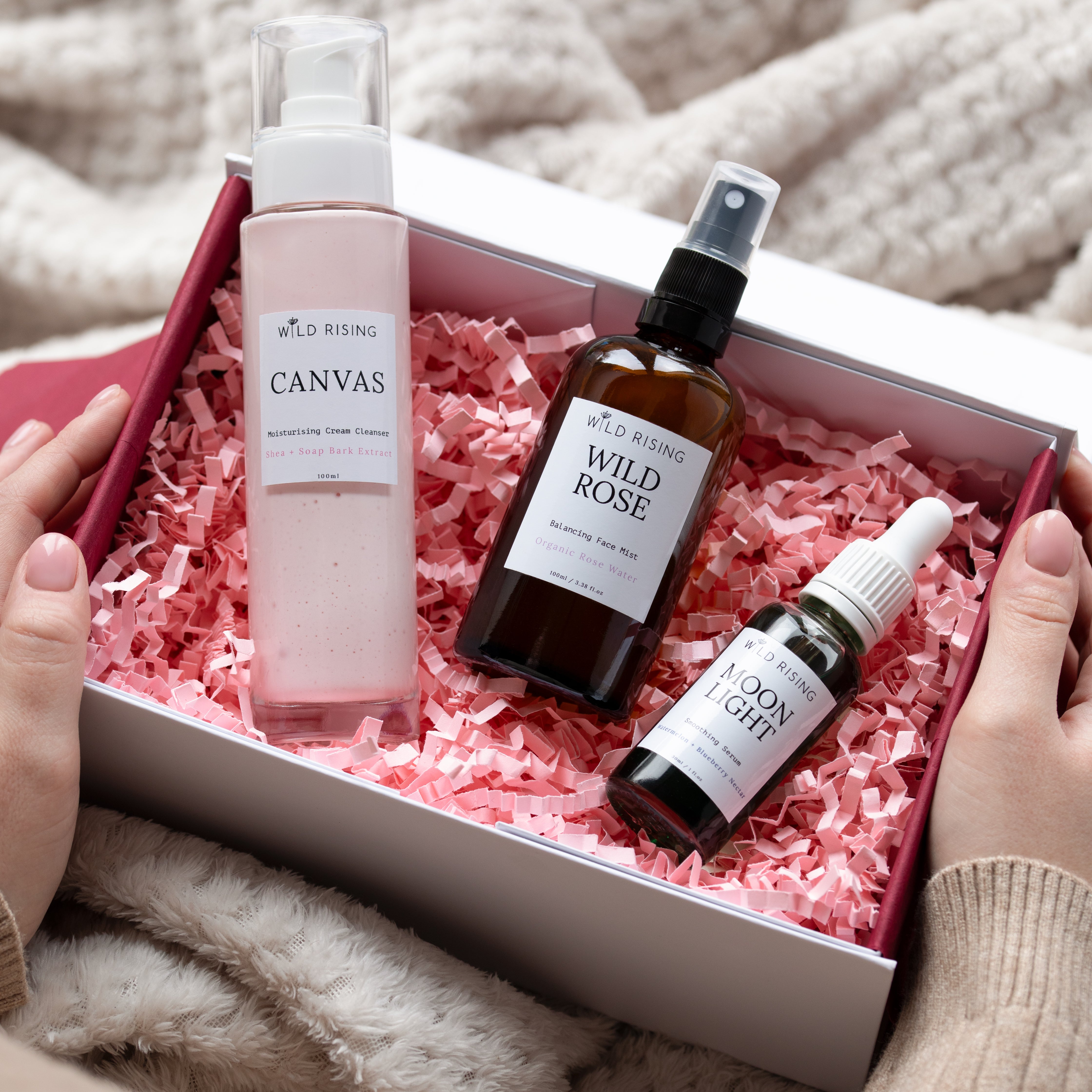 skincare gift box with three products set in a white gift box