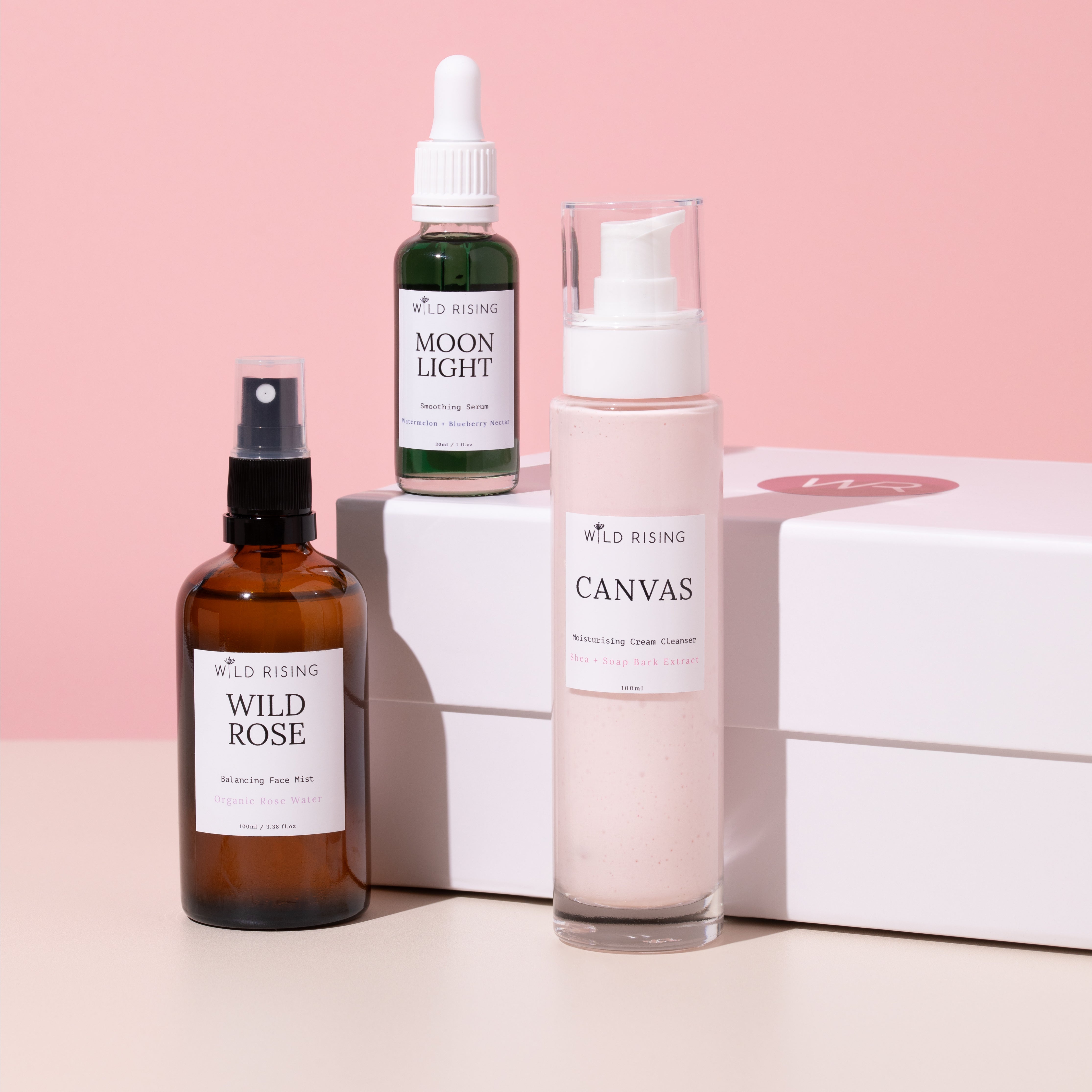 skincare gift box with three products set in in front