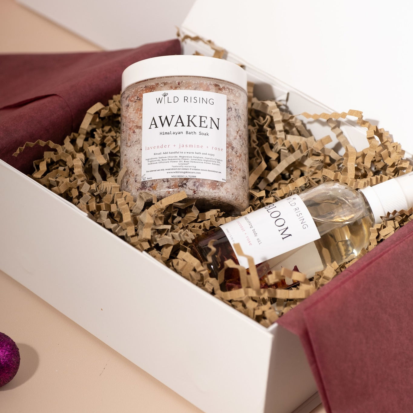 wild rising switch off gift set awaken bath salts and bloom rose infused body oil