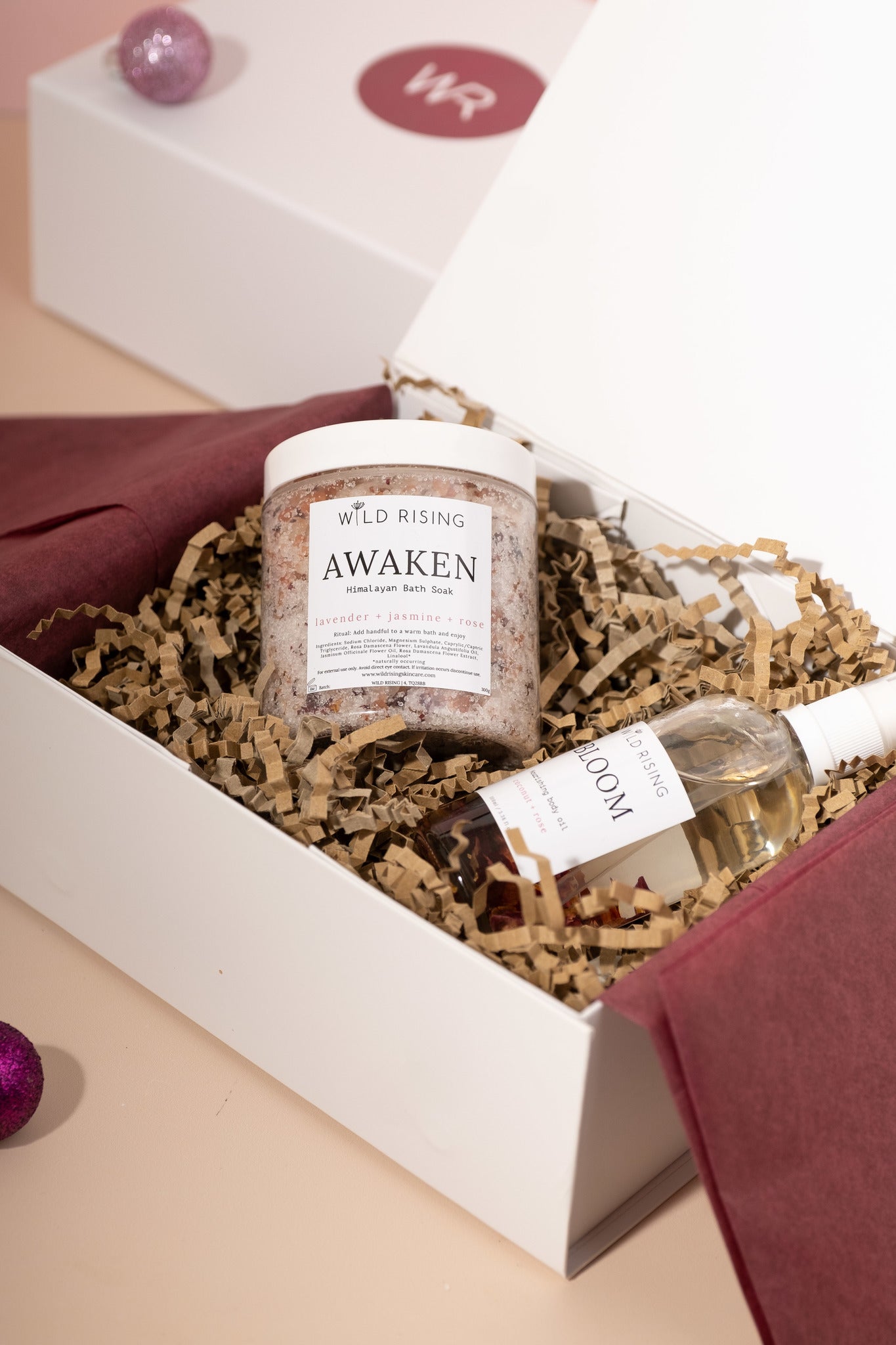 wild rising switch off gift set awaken bath salts and bloom rose infused body oil