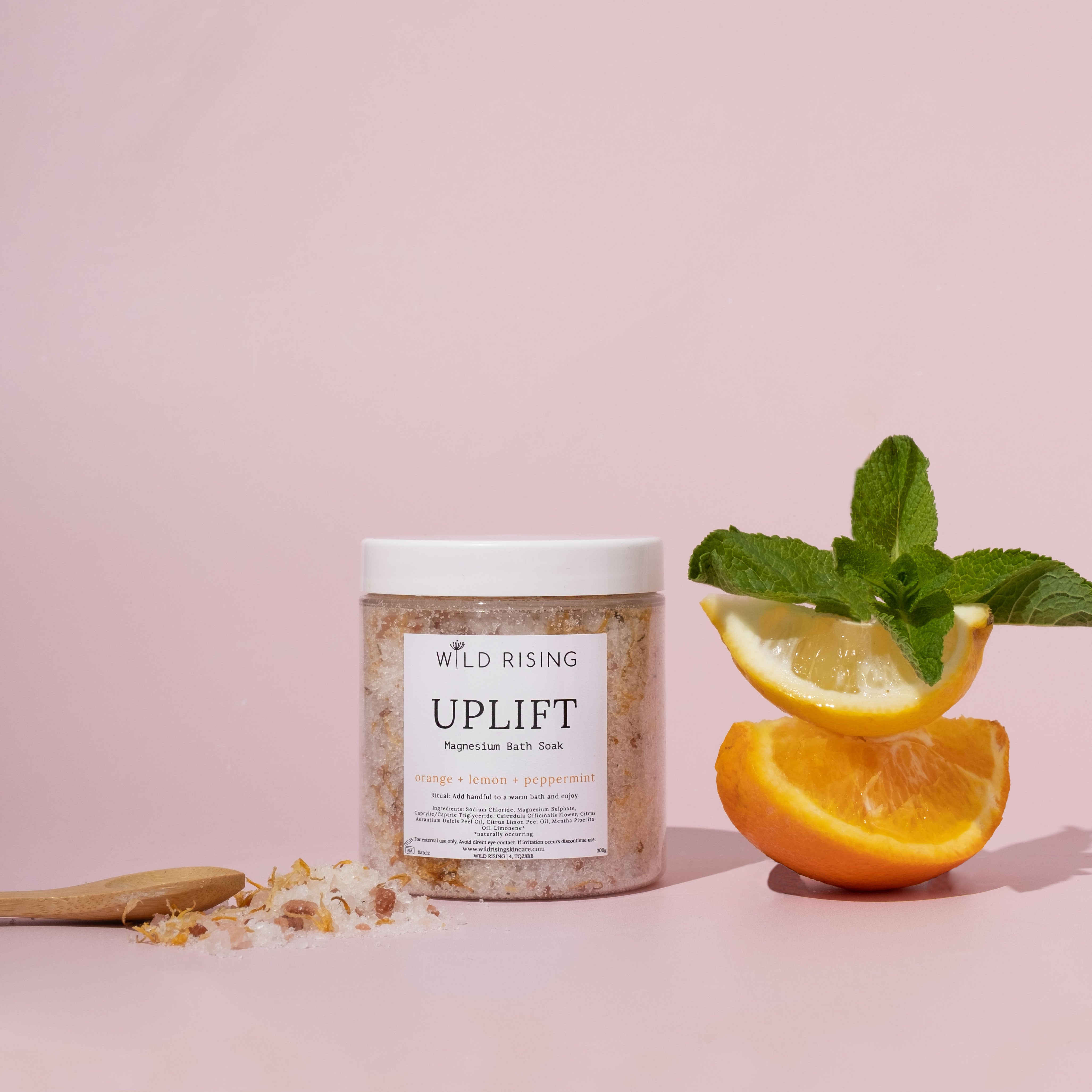 Bath salt soak orange, lemon and peppermint. Natural, Organic, Vegan, Cruelty-Free Skincare made in Devon