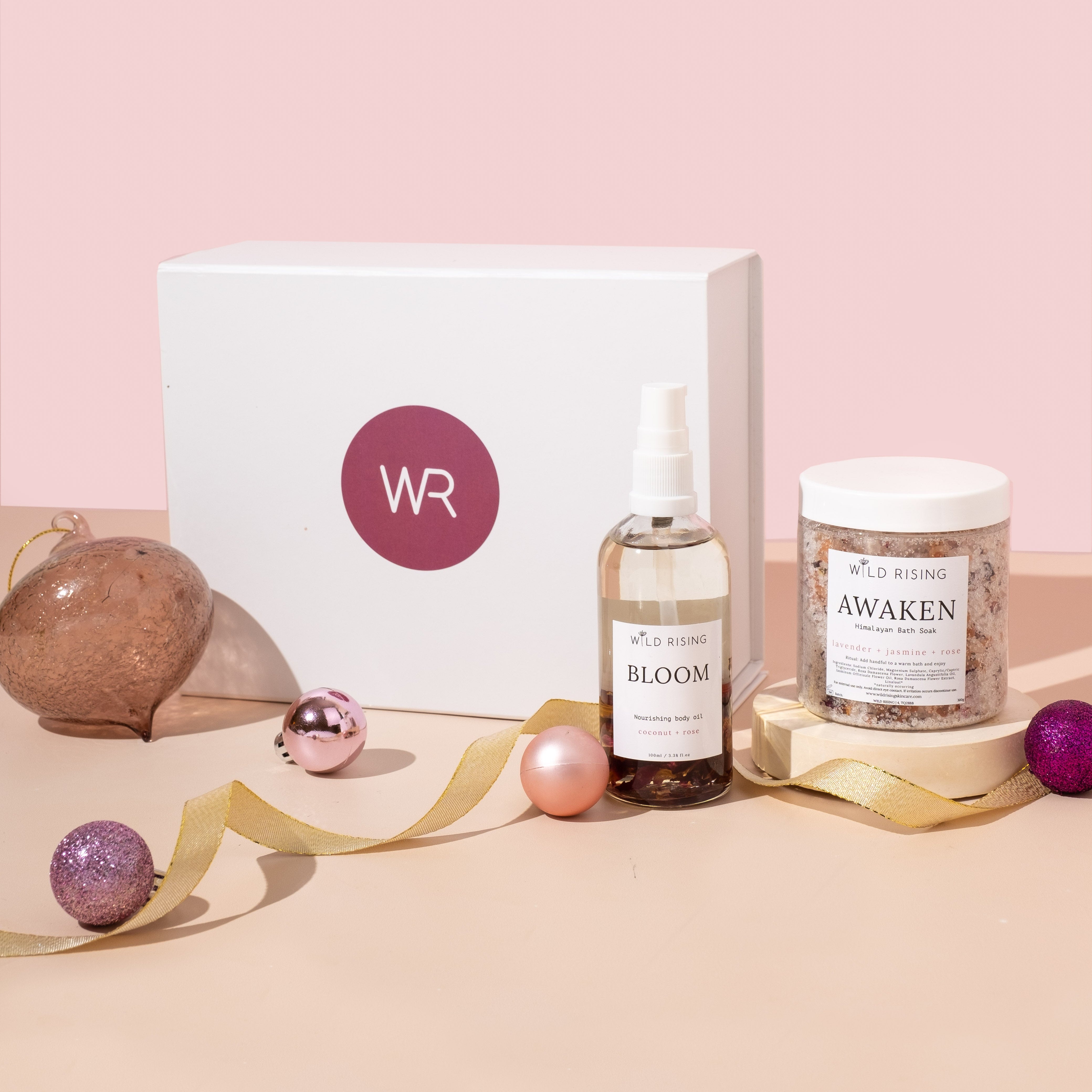 wild rising switch off christmas gift set with bloom body oil and awaken bath salt