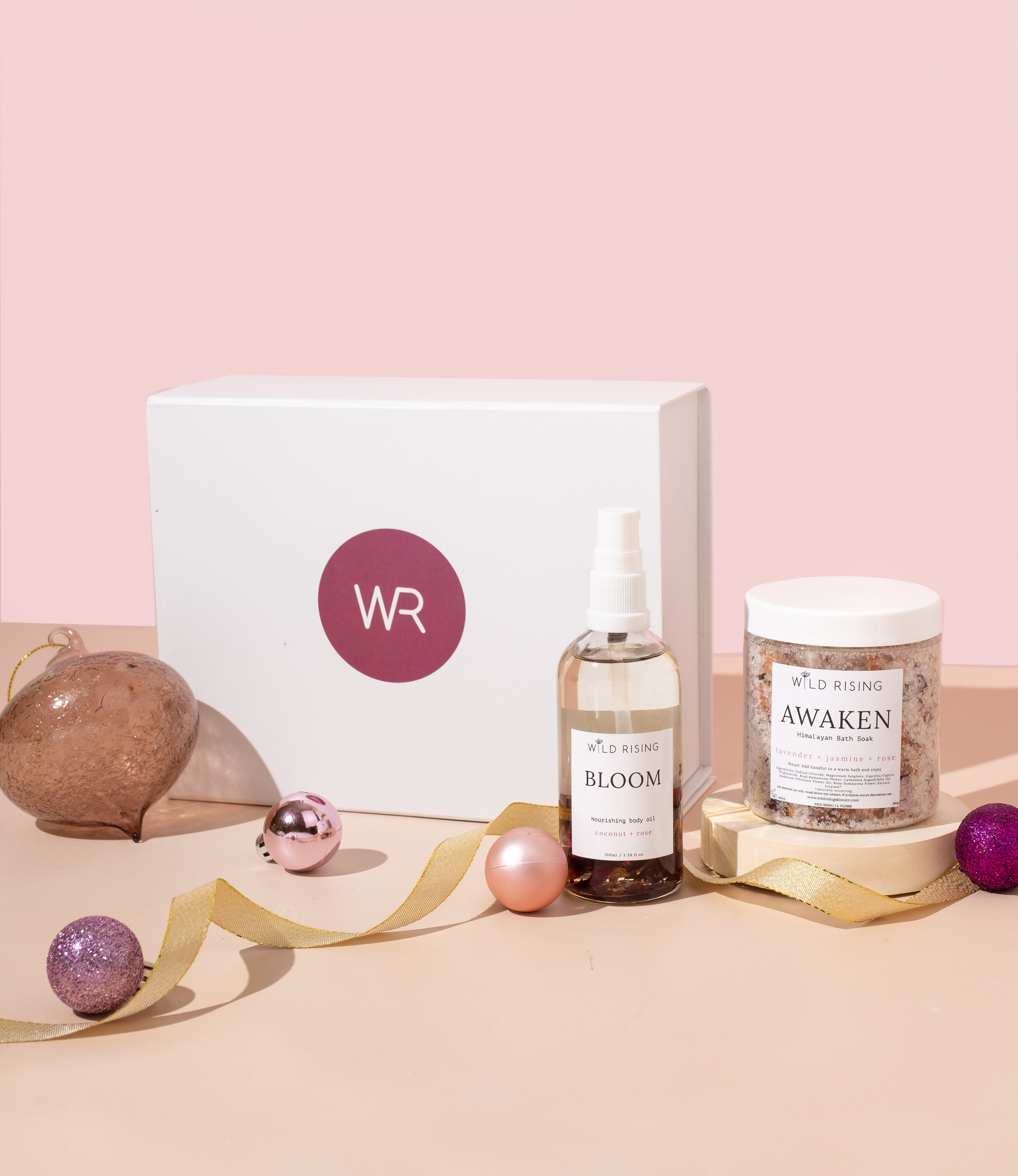 wild rising switch off christmas gift set with bloom body oil and awaken bath salt
