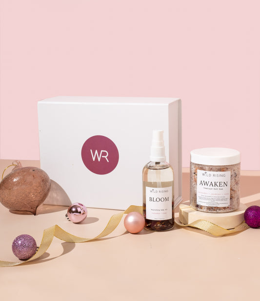 wild rising switch off christmas gift set with bloom body oil and awaken bath salt